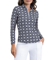 IBKUL Carolyn Printed Zip Mock Neck Long Sleeve Top