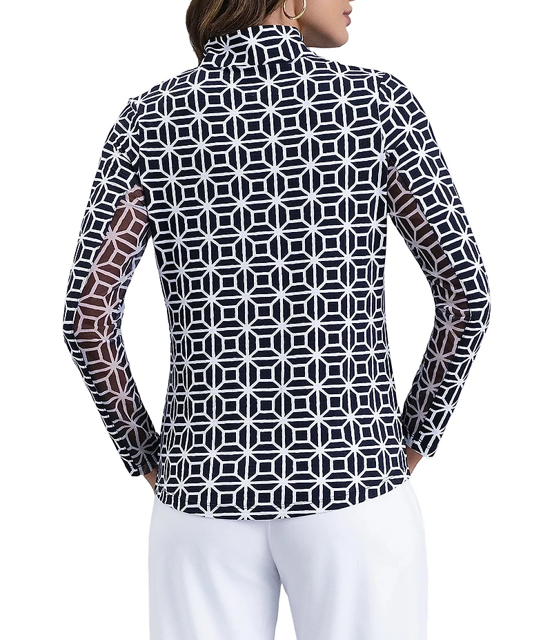 IBKUL Carolyn Printed Zip Mock Neck Long Sleeve Top