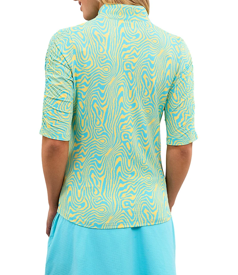 IBKUL Courtney Printed Mandararin Collar Ruched Elbow Sleeve Top