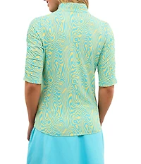 IBKUL Courtney Printed Mandararin Collar Ruched Elbow Sleeve Top