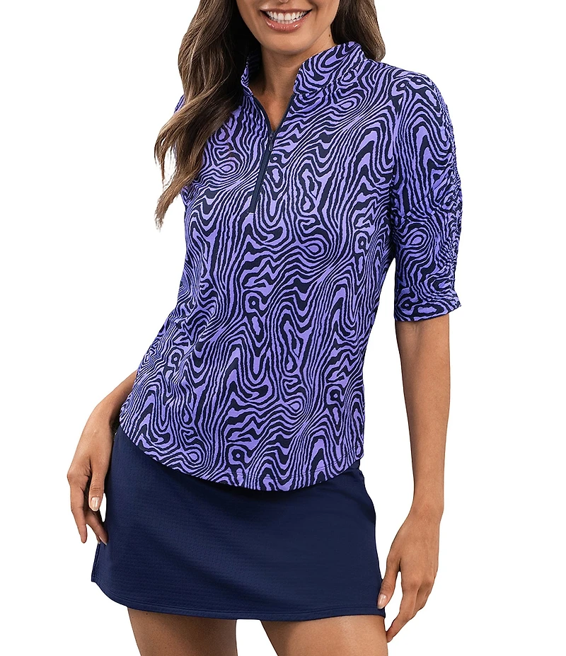 IBKUL Courtney Printed Mandararin Collar Ruched Elbow Sleeve Top