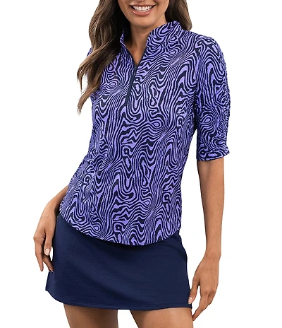 IBKUL Courtney Printed Mandararin Collar Ruched Elbow Sleeve Top