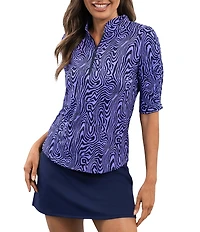 IBKUL Courtney Printed Mandararin Collar Ruched Elbow Sleeve Top