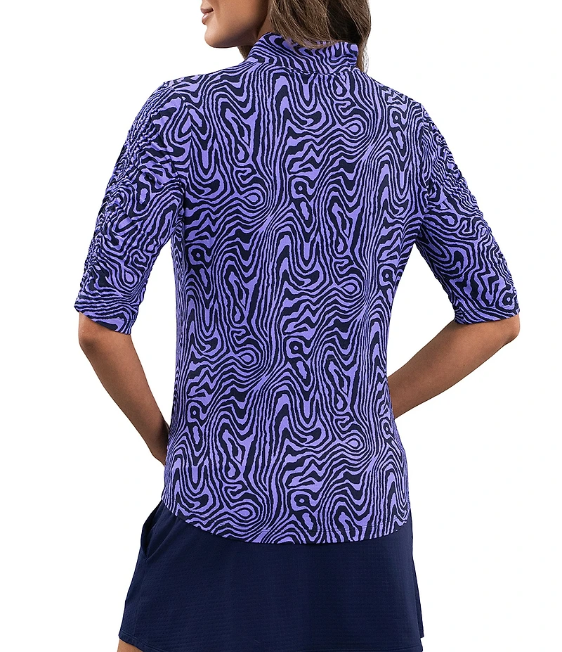 IBKUL Courtney Printed Mandararin Collar Ruched Elbow Sleeve Top