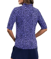 IBKUL Courtney Printed Mandararin Collar Ruched Elbow Sleeve Top