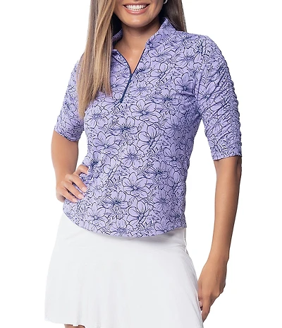 IBKUL Diana Floral Print 1/4 Zip Mandarin Collar Ruched Elbow Sleeve Top