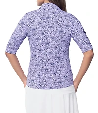 IBKUL Diana Floral Print 1/4 Zip Mandarin Collar Ruched Elbow Sleeve Top