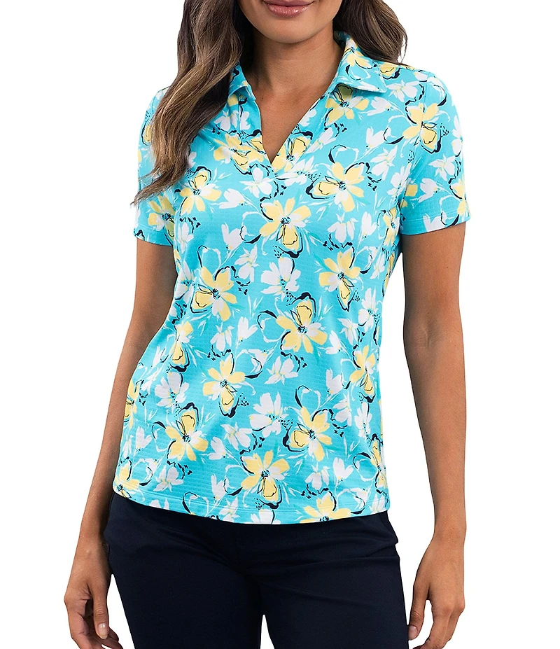 IBKUL Eleanor Floral Print Placket Polo Neck Short Sleeve Top