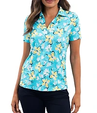IBKUL Eleanor Floral Print Placket Polo Neck Short Sleeve Top