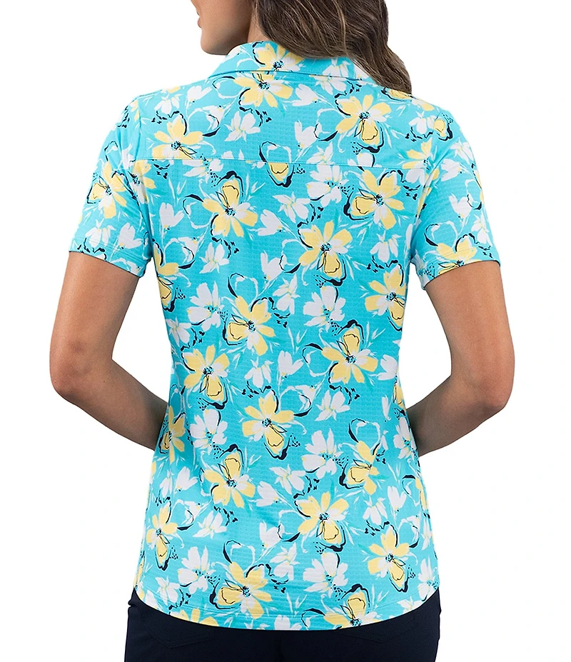 IBKUL Eleanor Floral Print Placket Polo Neck Short Sleeve Top