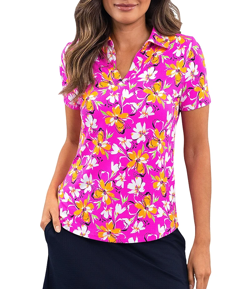 IBKUL Eleanor Floral Print Placket Polo Neck Short Sleeve Top
