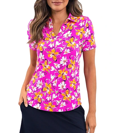 IBKUL Eleanor Floral Print Placket Polo Neck Short Sleeve Top