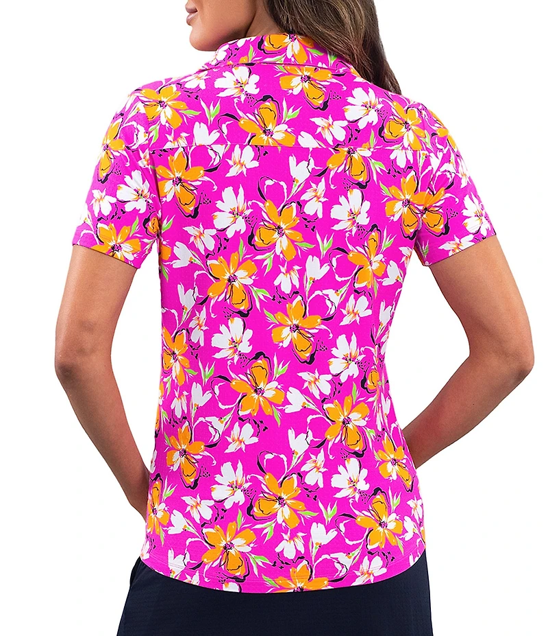 IBKUL Eleanor Floral Print Placket Polo Neck Short Sleeve Top
