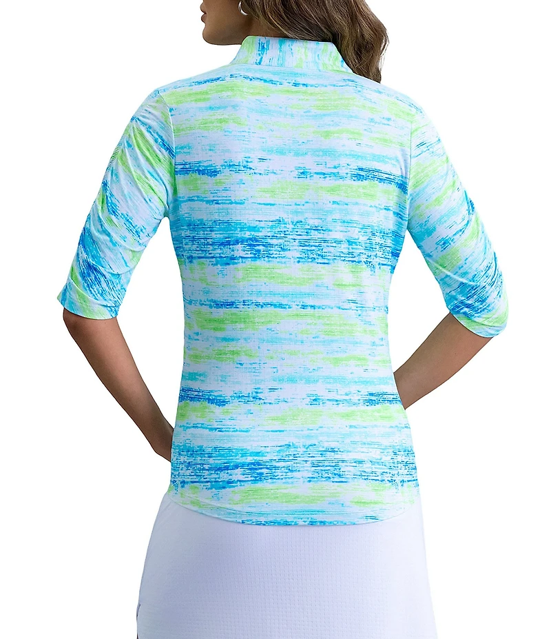 IBKUL Gia Printed 1/4 Zip Mandarin Collared Elbow Sleeve Top