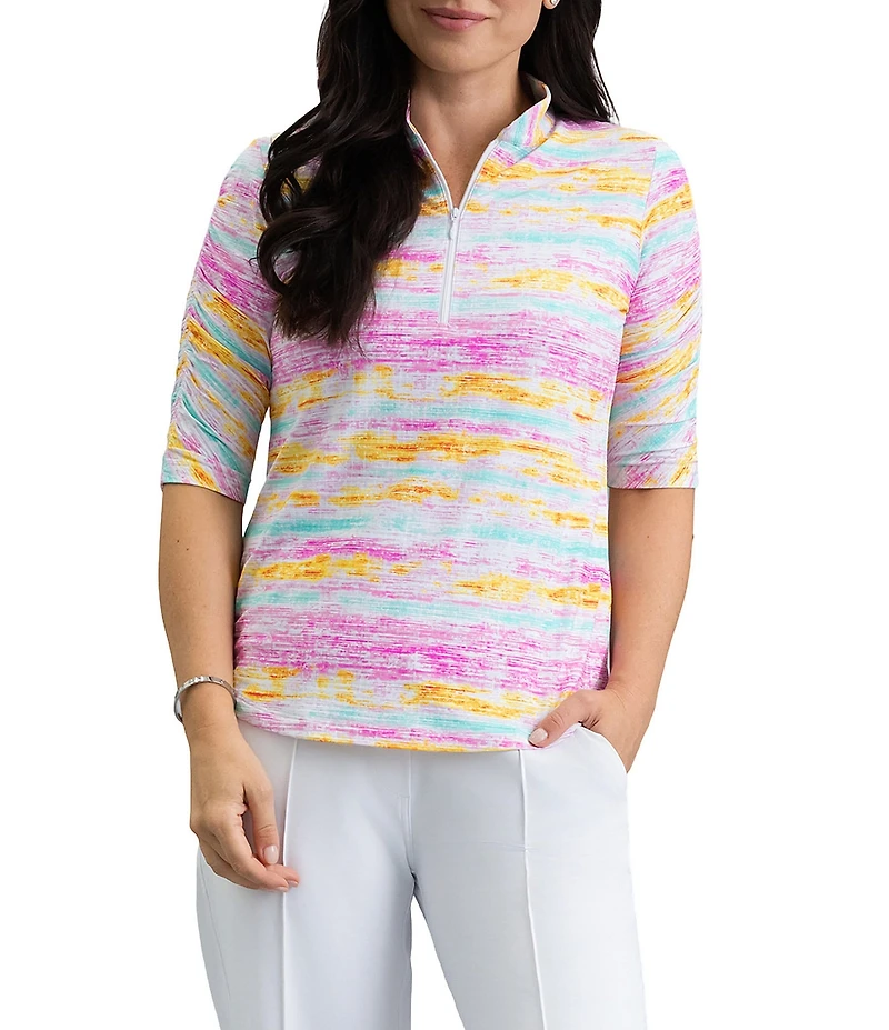 IBKUL Gia Printed 1/4 Zip Mandarin Collared Elbow Sleeve Top