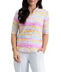 IBKUL Gia Printed 1/4 Zip Mandarin Collared Elbow Sleeve Top