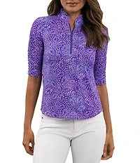 IBKUL Gladis Printed Mandararin Collar Ruched Elbow Sleeve Top
