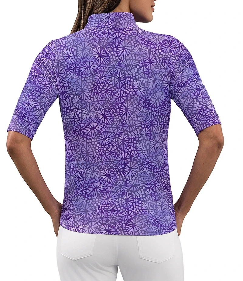 IBKUL Gladis Printed Mandararin Collar Ruched Elbow Sleeve Top