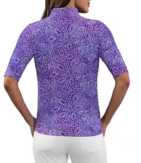 IBKUL Gladis Printed Mandararin Collar Ruched Elbow Sleeve Top