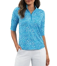 IBKUL Gladis Printed Mandararin Collar Ruched Elbow Sleeve Top