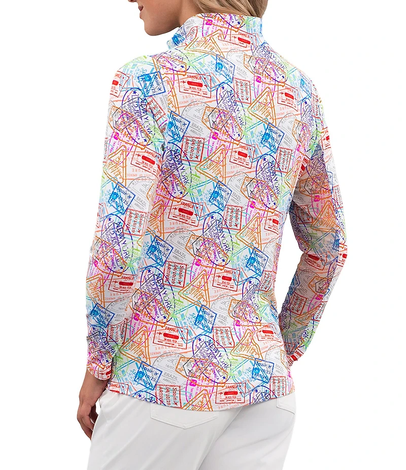 IBKUL Global Impressions Printed Zip Mock Neck Long Sleeve Top