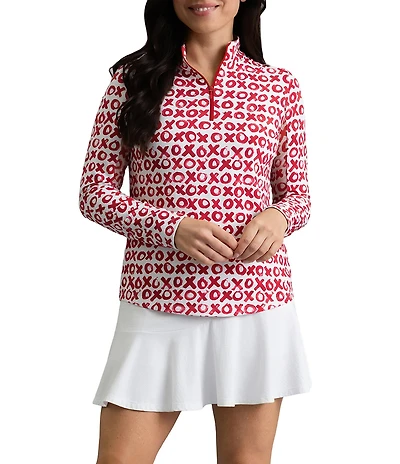 IBKUL Hugs & Kisses Printed Zip Mock Neck Long Sleeve Top