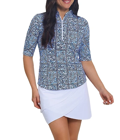IBKUL Josie Patterend Mandarin Collar Ruched Elbow Sleeve Stretch Knit Top