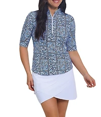 IBKUL Josie Patterend Mandarin Collar Ruched Elbow Sleeve Stretch Knit Top