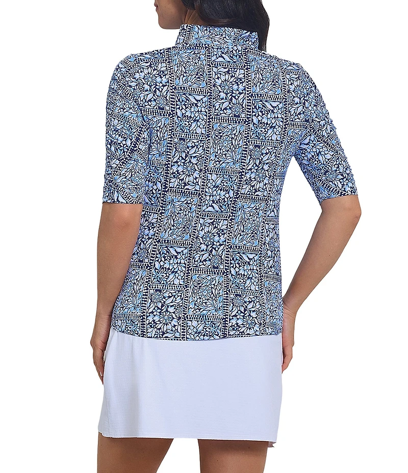 IBKUL Josie Patterend Mandarin Collar Ruched Elbow Sleeve Stretch Knit Top