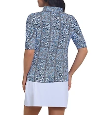 IBKUL Josie Patterend Mandarin Collar Ruched Elbow Sleeve Stretch Knit Top