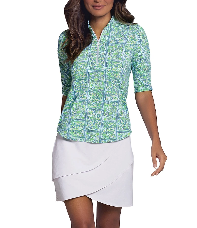 IBKUL Josie Patterend Mandarin Collar Ruched Elbow Sleeve Stretch Knit Top
