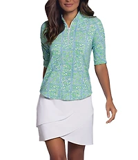 IBKUL Josie Patterend Mandarin Collar Ruched Elbow Sleeve Stretch Knit Top