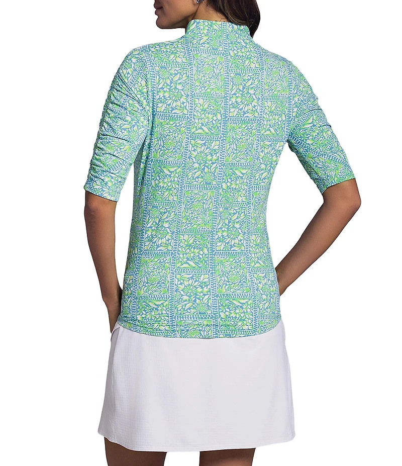 IBKUL Josie Patterend Mandarin Collar Ruched Elbow Sleeve Stretch Knit Top