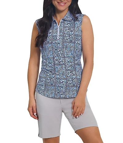 IBKUL Josie Printed Collared Sleeveless Polo Top