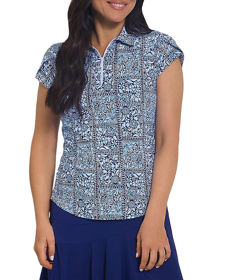 IBKUL Josie Printed Collared Tulip Short Sleeve Stretch Knit Polo