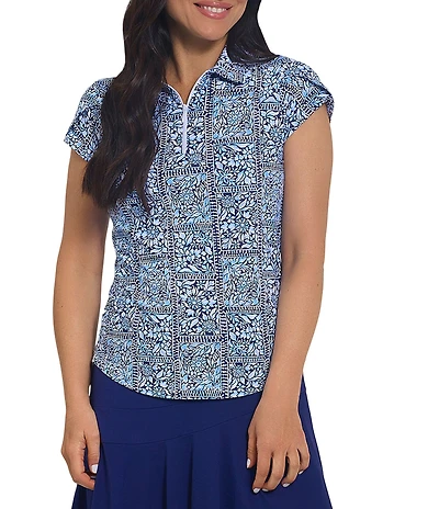 IBKUL Josie Printed Collared Tulip Short Sleeve Stretch Knit Polo