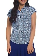 IBKUL Josie Printed Collared Tulip Short Sleeve Stretch Knit Polo
