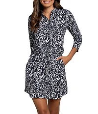 IBKUL Karen Animal Print Mandarin Collar 3/4 Sleeve Stretch Knit Above Knee Dress