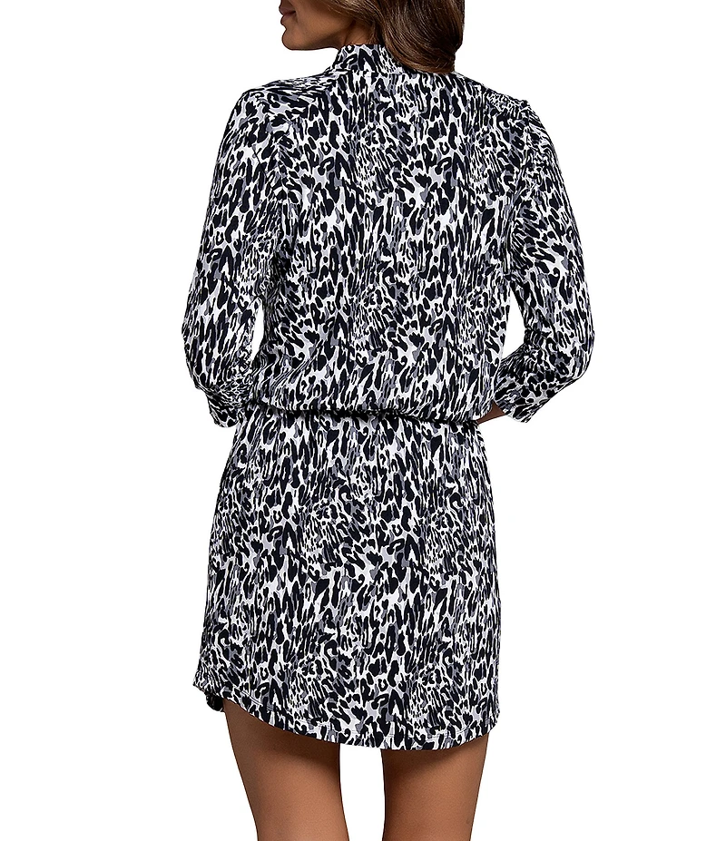 IBKUL Karen Animal Print Mandarin Collar 3/4 Sleeve Stretch Knit Above Knee Dress