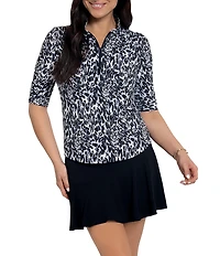 IBKUL Karen Animal Print Mandarin Collar Ruched Elbow Sleeve Stretch Knit Top