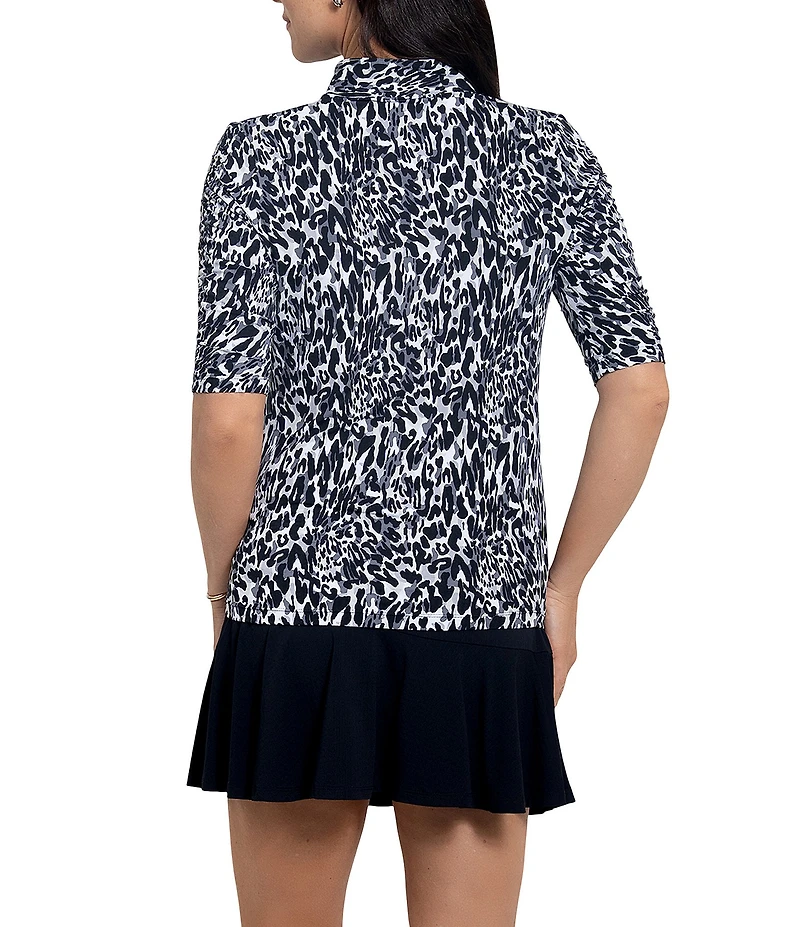 IBKUL Karen Animal Print Mandarin Collar Ruched Elbow Sleeve Stretch Knit Top