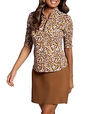 IBKUL Karen Animal Print Mandarin Collar Ruched Elbow Sleeve Stretch Knit Top
