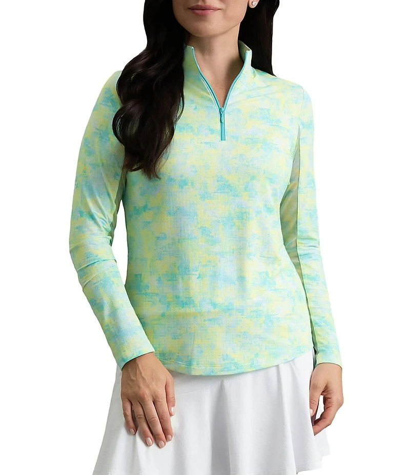 IBKUL Kate Printed Zip Mock Neck Long Sleeve Top