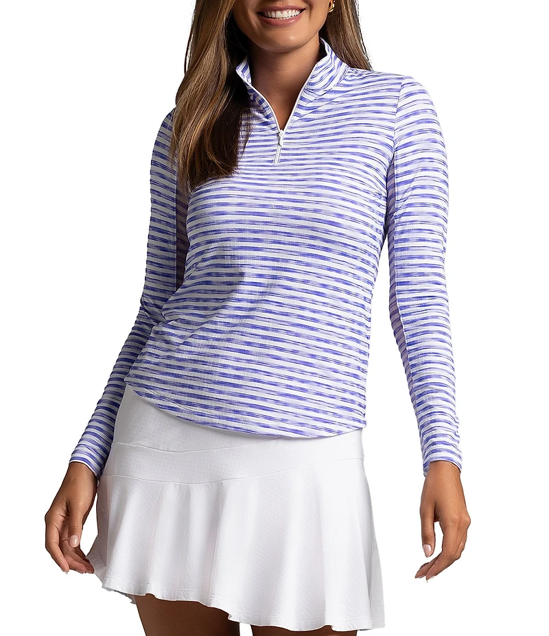 IBKUL Landon Stripe Zip Mock Neck Long Sleeve Top