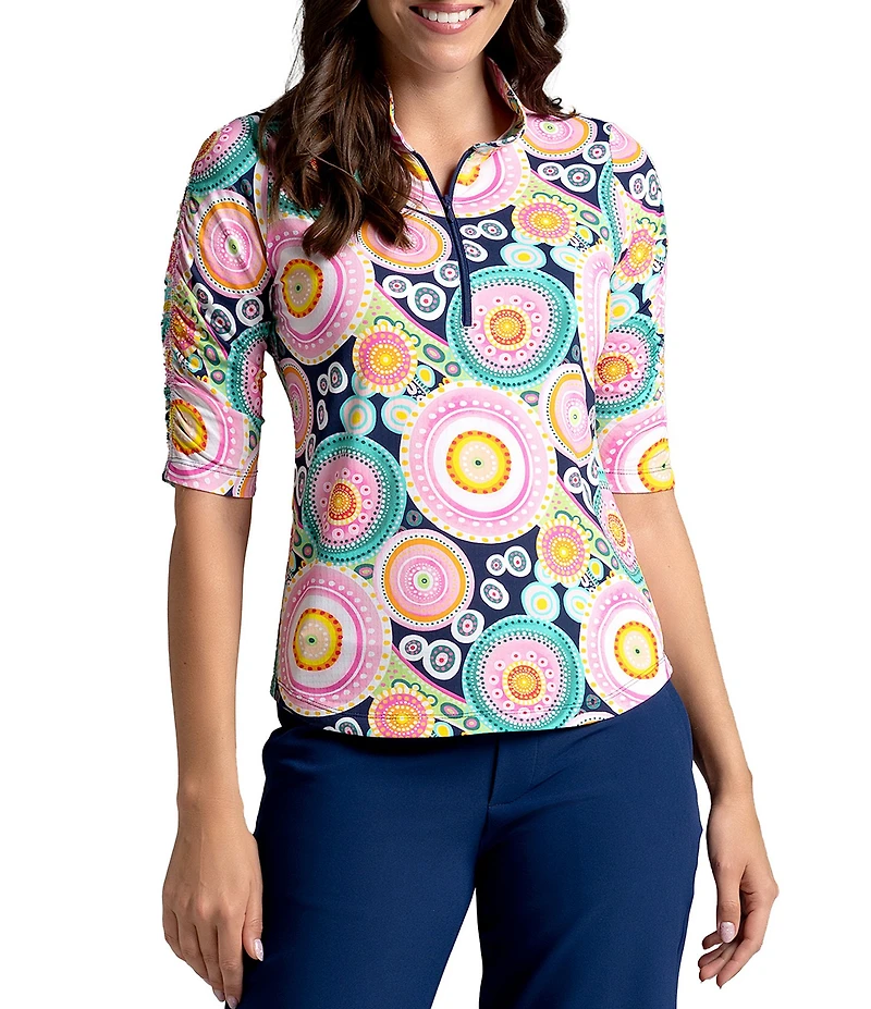 IBKUL Leona Print 1/4 Zip Mandarin Collar Ruched Elbow Sleeve Top