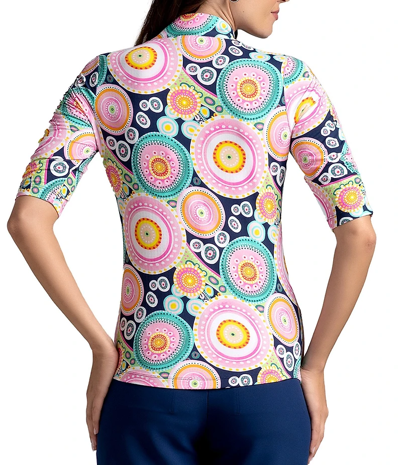 IBKUL Leona Print 1/4 Zip Mandarin Collar Ruched Elbow Sleeve Top