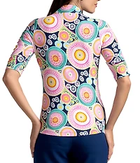 IBKUL Leona Print 1/4 Zip Mandarin Collar Ruched Elbow Sleeve Top