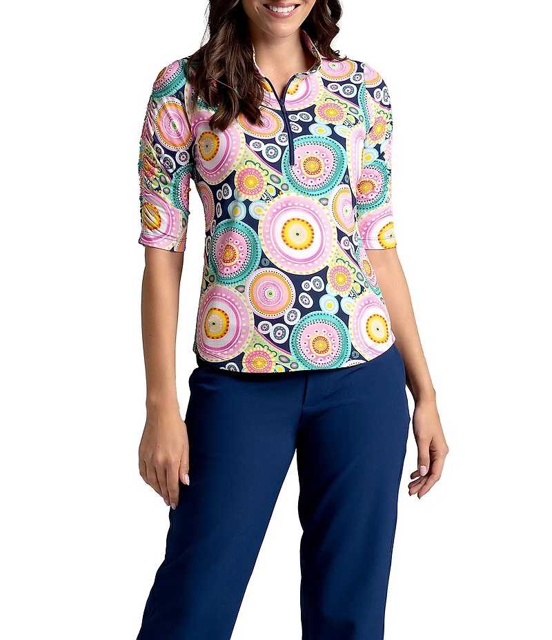 IBKUL Leona Print 1/4 Zip Mandarin Collar Ruched Elbow Sleeve Top