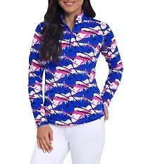 IBKUL Lizzy Print Mock 1/4 Zip Collar Neck Long Sleeve Top