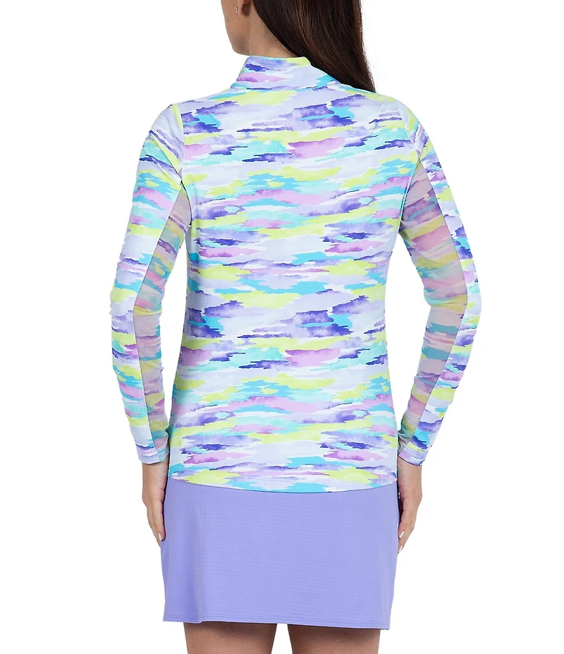 IBKUL Long Sleeve Multi Camo Half-Zip Mock Neck Printed Top